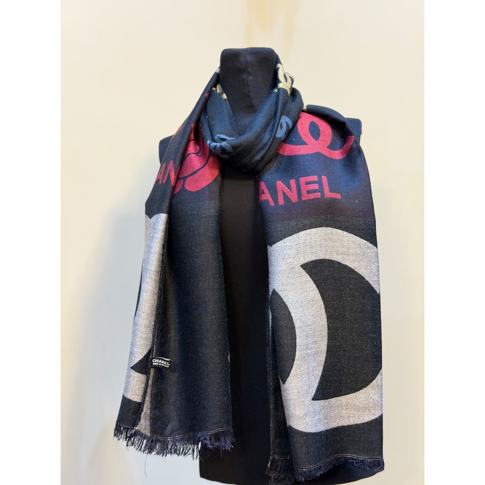Chanel Silk Scarf Black Red Gold Camellia CC Logo Made in France Fringed Wrap